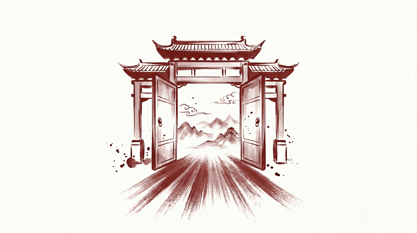 Accessing Google in China — ink wash illustration of a Chinese gate opening to mountains
