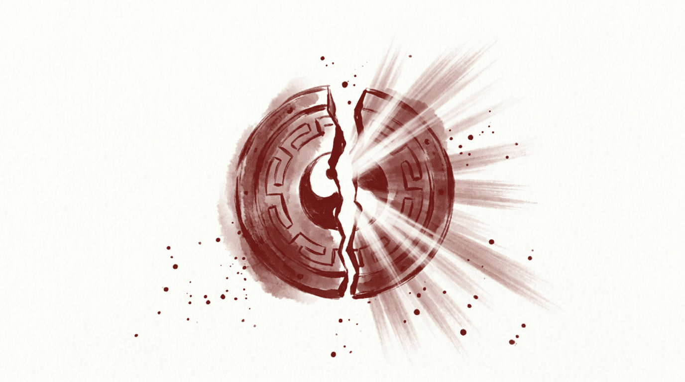 A cracked shield with light breaking through — dark red ink wash illustration symbolizing bypassing the Great Firewall of China