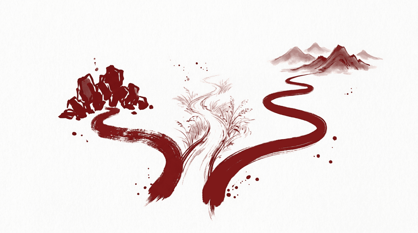 VPN Alternatives for China — ink wash illustration of diverging paths through mountains