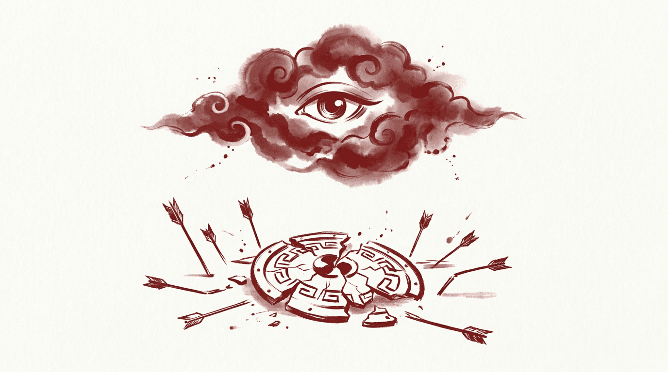 Why VPNs fail in China — ink wash illustration of a broken shield under a watchful eye