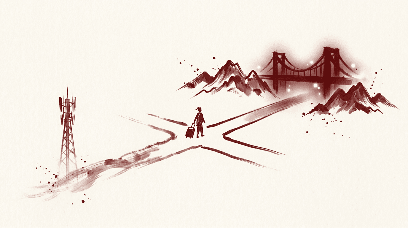 Overwall vs eSIM — ink wash illustration of a traveler at a crossroads