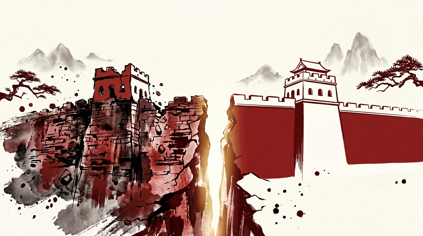 Overwall vs ExpressVPN — ink wash illustration of a crumbling wall with light breaking through