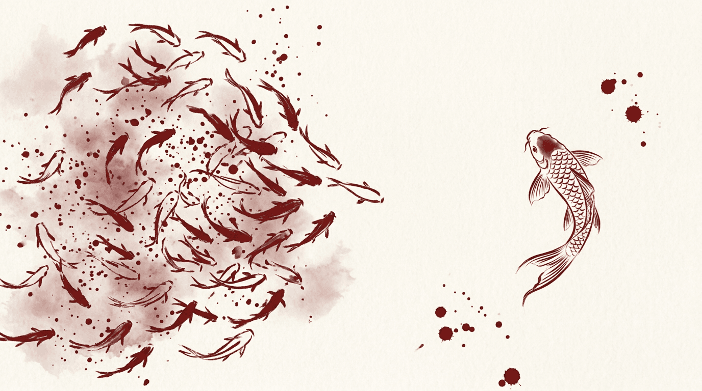 Overwall vs Surfshark — ink wash illustration of chaotic fish versus a calm koi